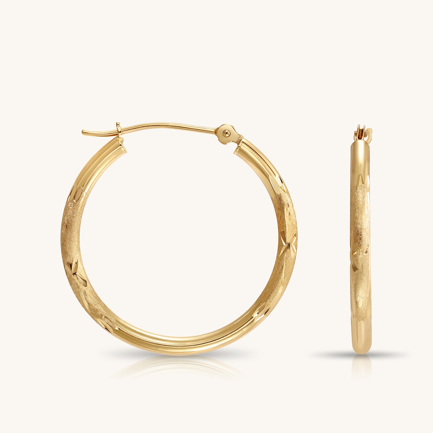 14K Yellow Gold Satin Hoops with Hand Engraved Design
