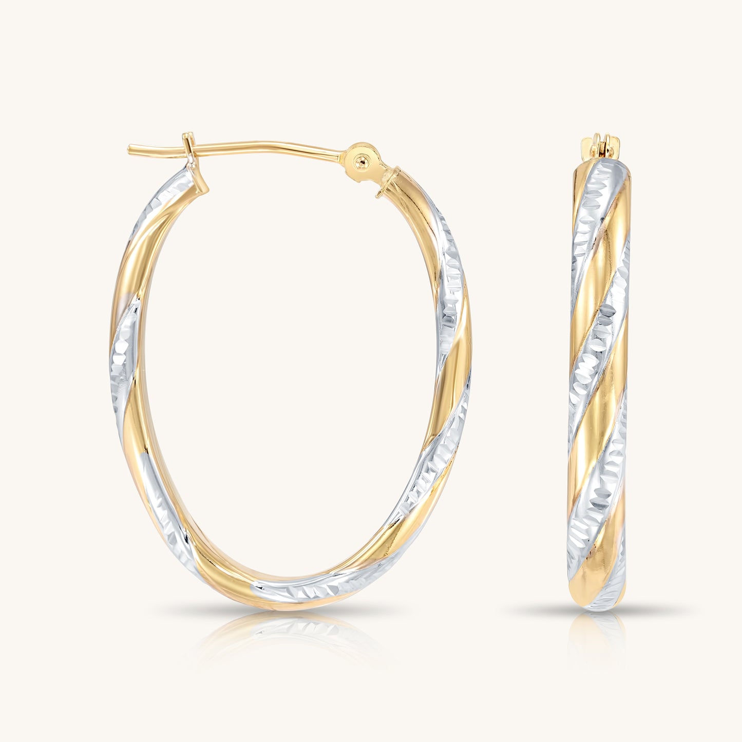 14K Gold Oval Twist Hoops with Hand Engraved Diamond-Cut