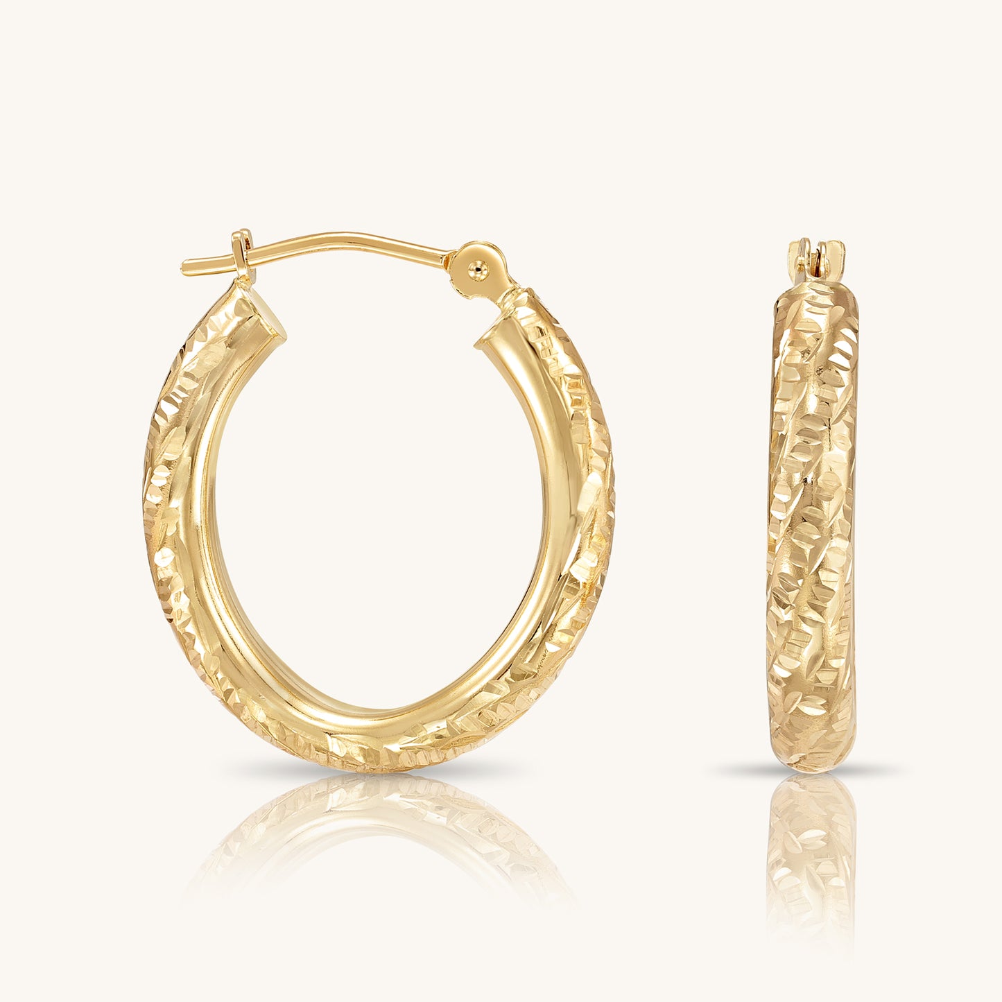 14K Gold Hoops with Hand Engraved Diamond-Cut