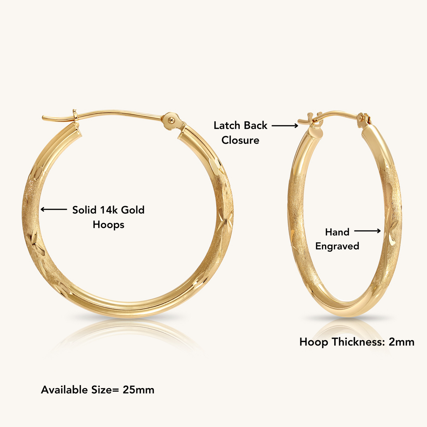 14K Yellow Gold Satin Hoops with Hand Engraved Design