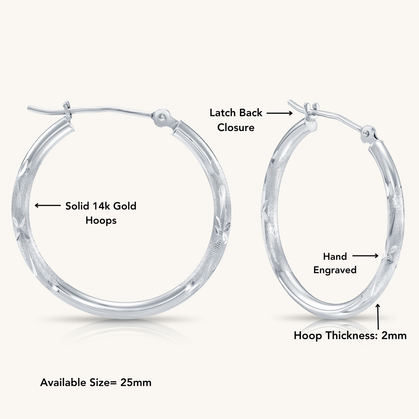 14K Gold Satin Hoop with Hand Engraved Design