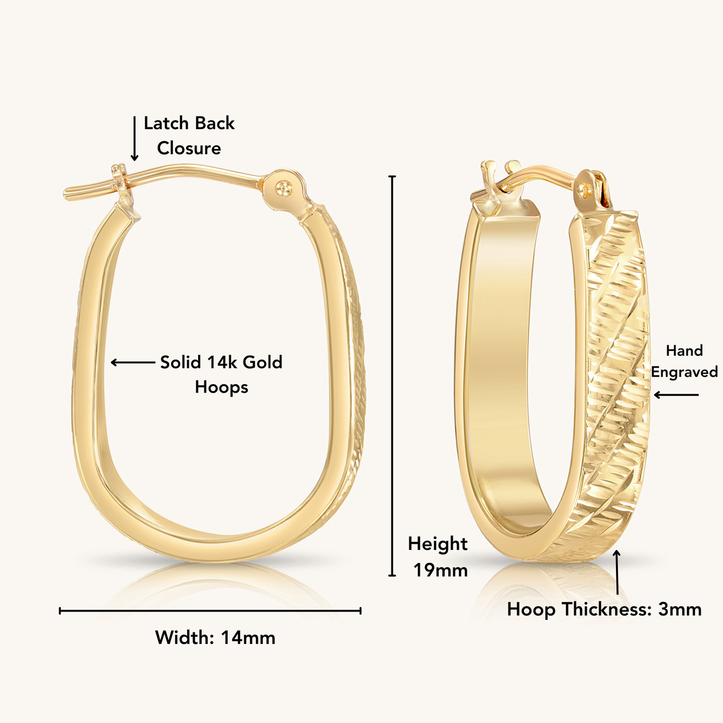 14K Gold Square 'U' Hoops with Hand Engraved Design