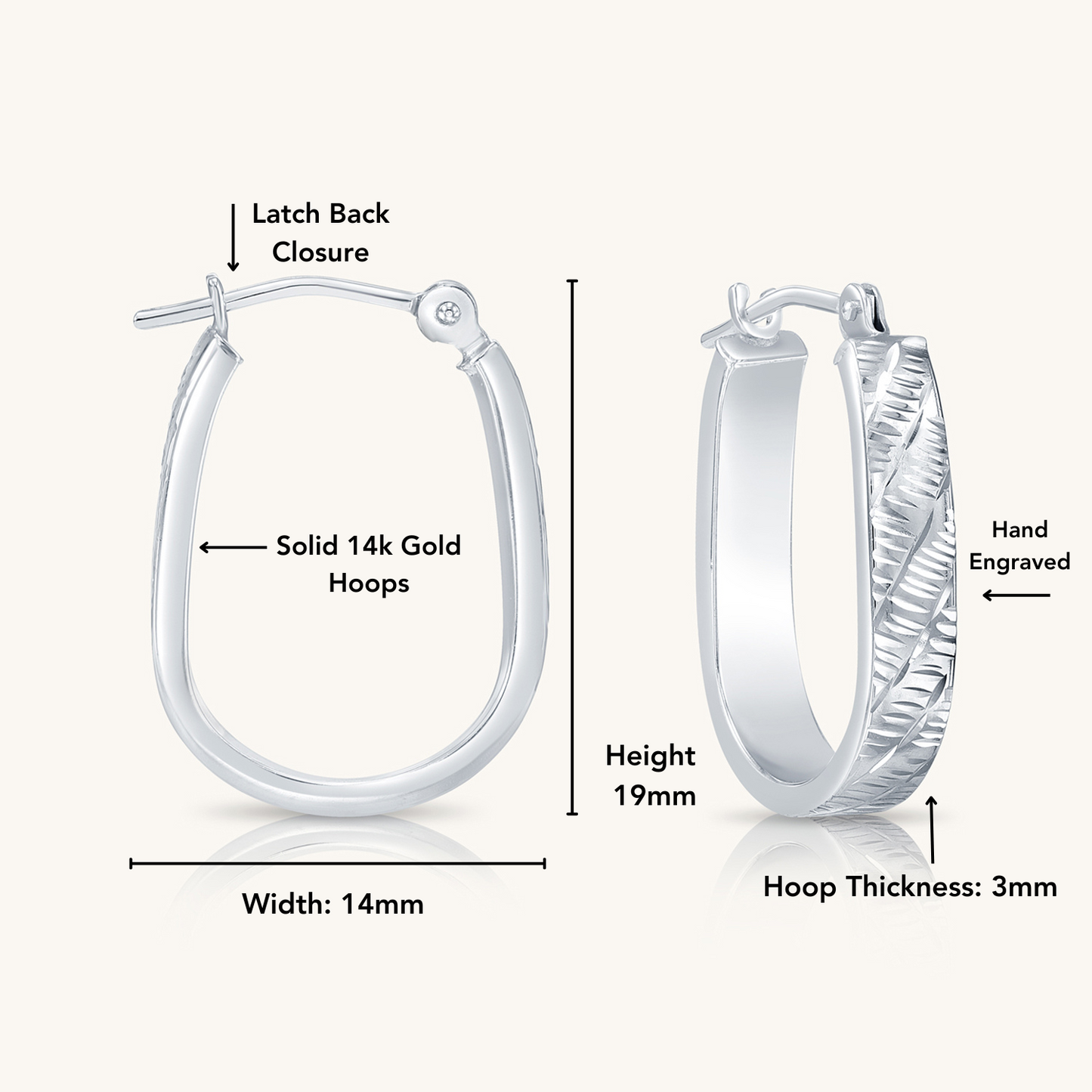 14K Gold Square 'U' Hoops with Hand Engraved Design