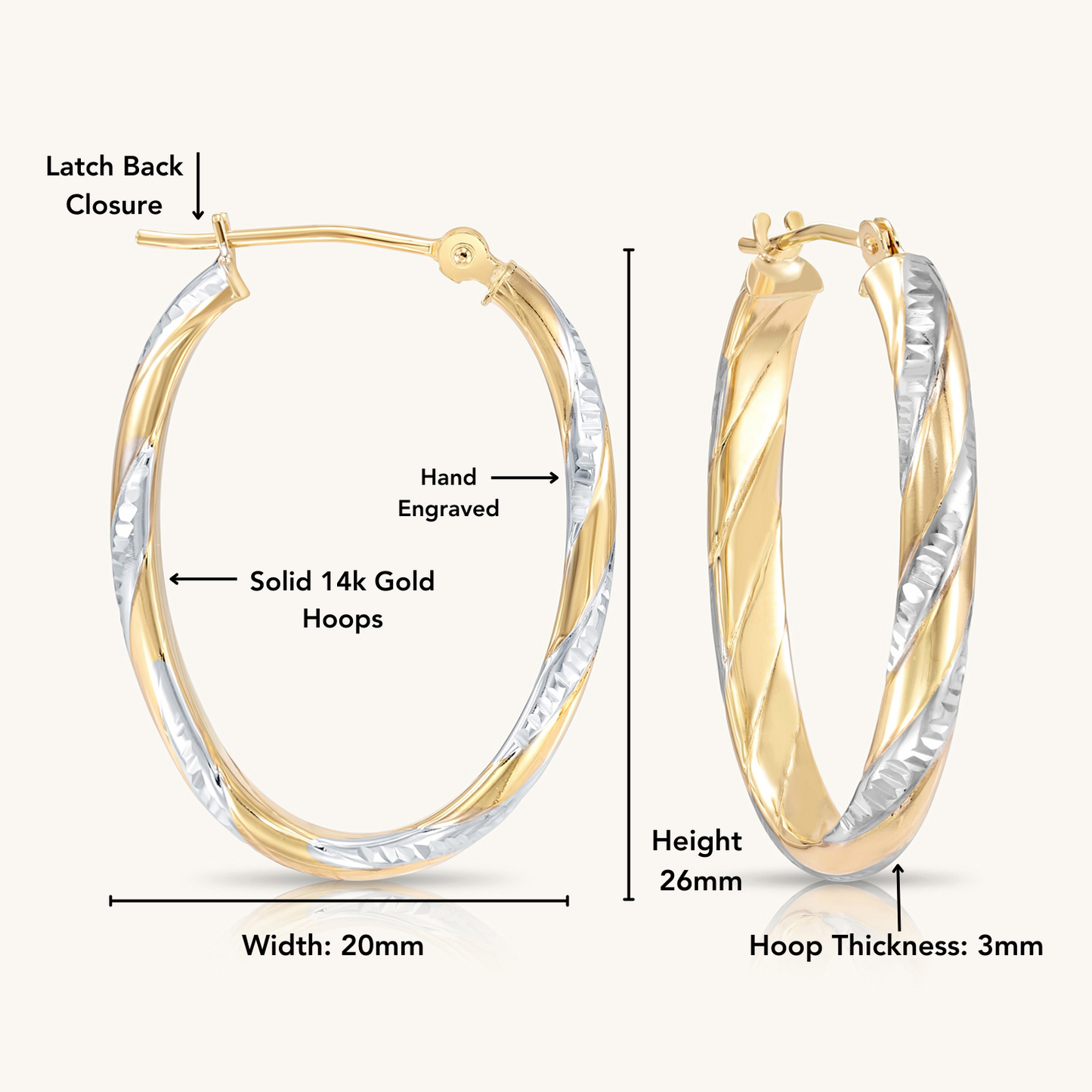 14K Gold Oval Twist Hoops with Hand Engraved Diamond-Cut