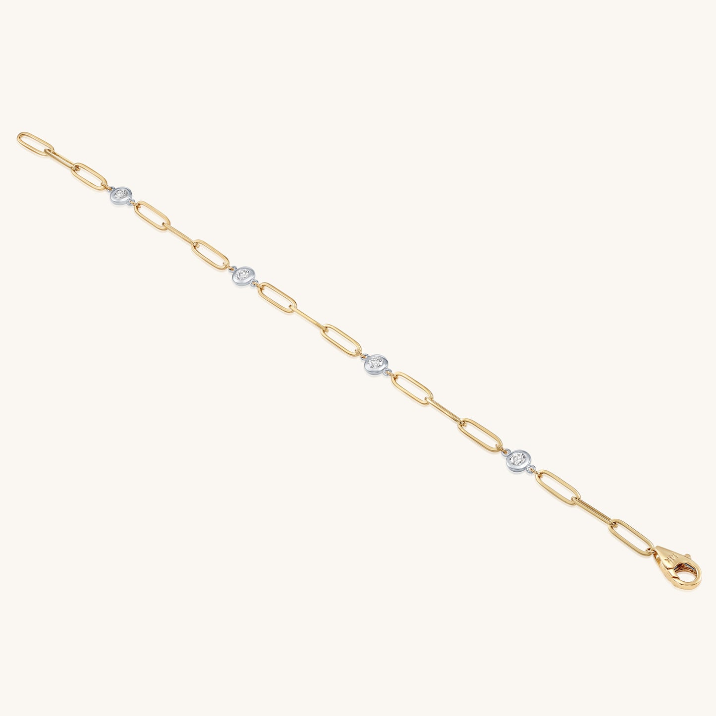 14K Solid Gold  Paper Clip Bracelet with Bezel Set Diamonds