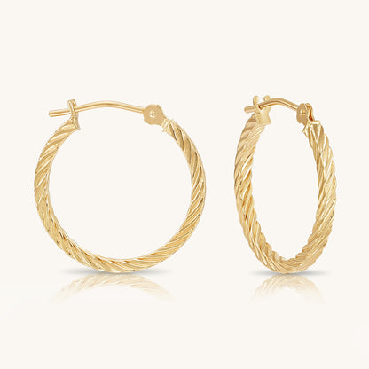 14K Gold Square Twist Hoops with Hand Engraved Diamond-Cut