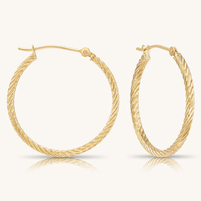 14K Gold Square Twist Hoops with Hand Engraved Diamond-Cut