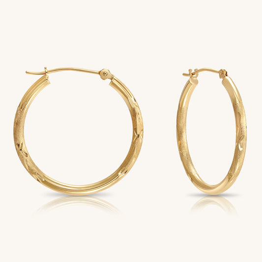 14K Yellow Gold Satin Hoops with Hand Engraved Design