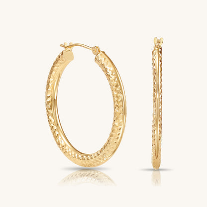 14K Gold Flat Hoop with Diamond-Cut with Hand Engraving