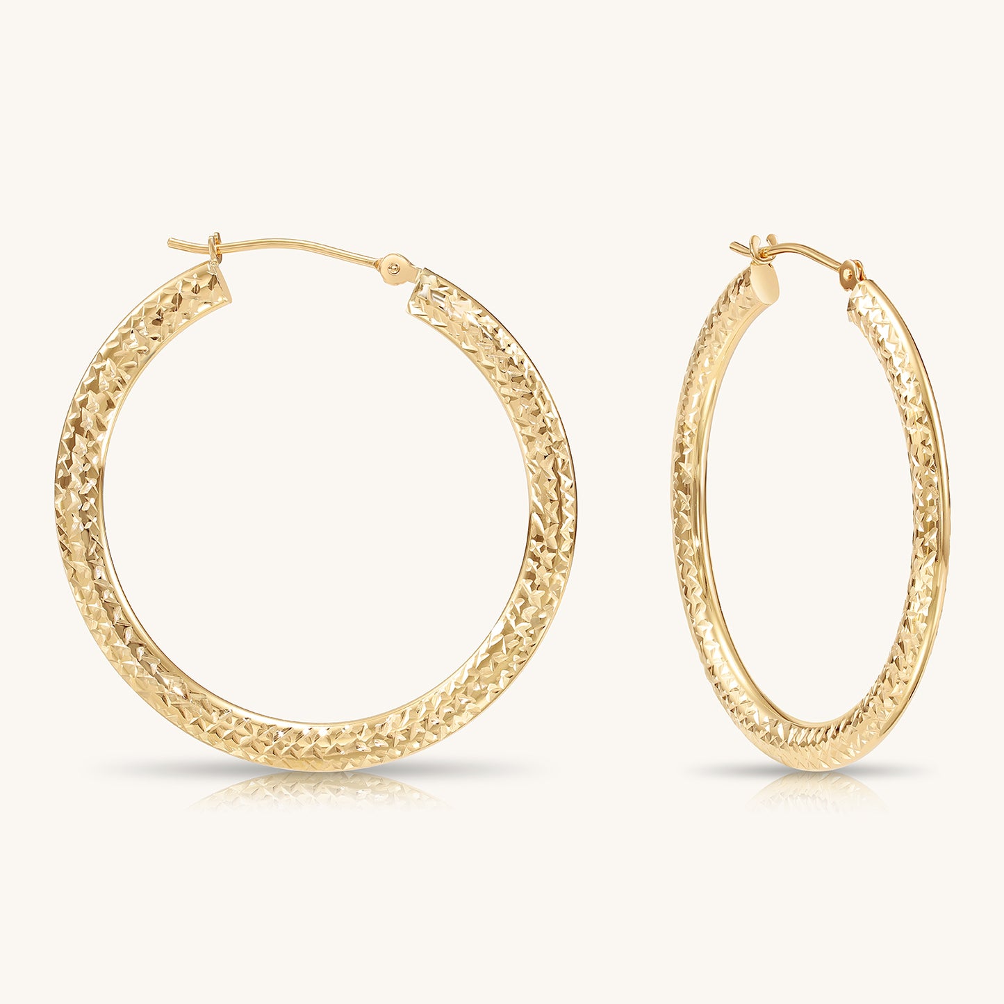 14K Gold Flat Hoop with Diamond-Cut with Hand Engraving