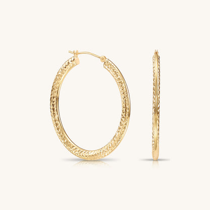 14K Gold Flat Hoop with Diamond-Cut with Hand Engraving