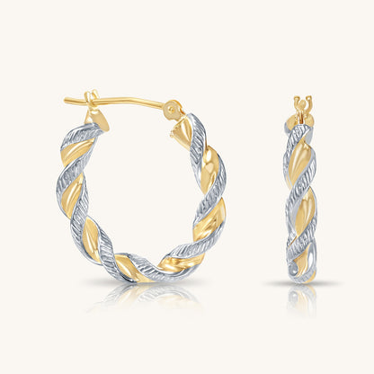 14K Gold Thick Twist Hoops With Hand Engraved Design