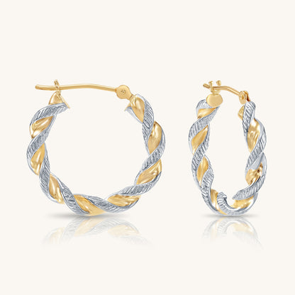 14K Gold Thick Twist Hoops With Hand Engraved Design