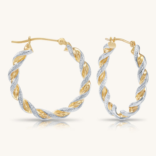 14K Gold Thick Twist Hoops With Hand Engraved Design