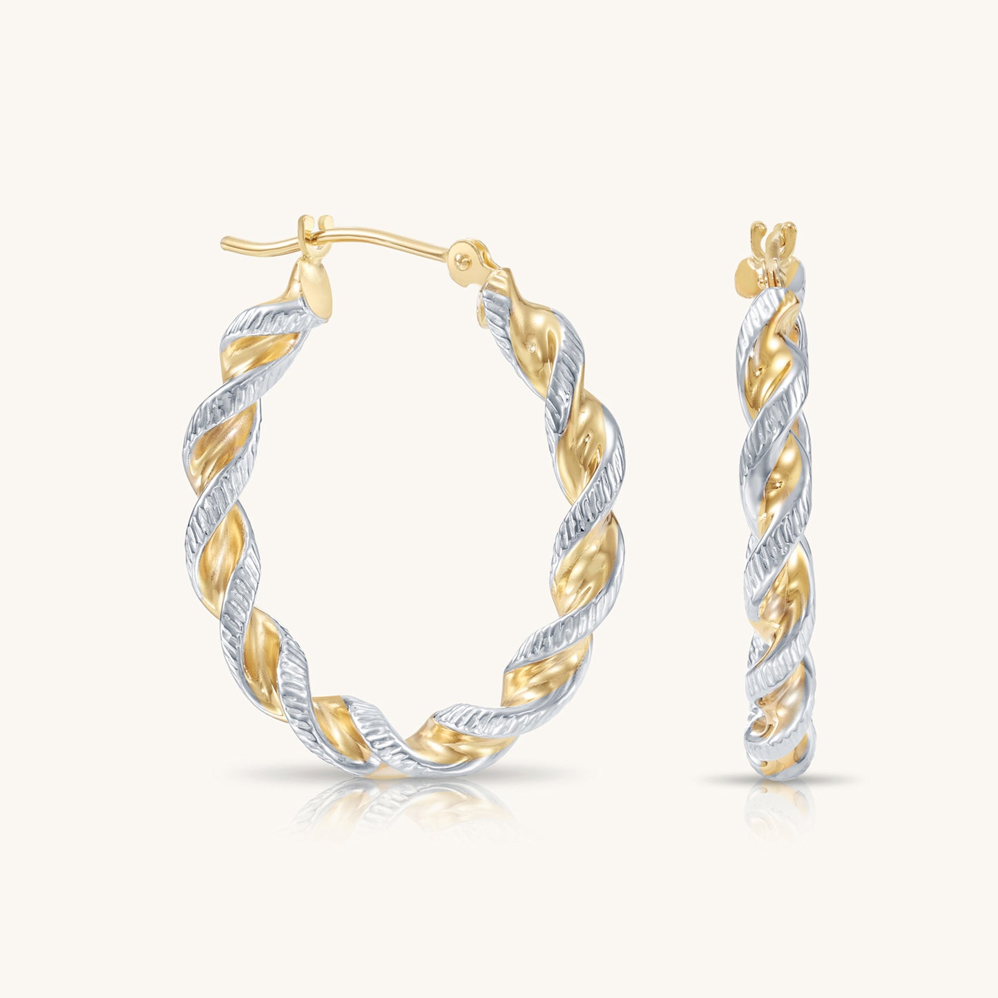 14K Gold Thick Twist Hoops With Hand Engraved Design