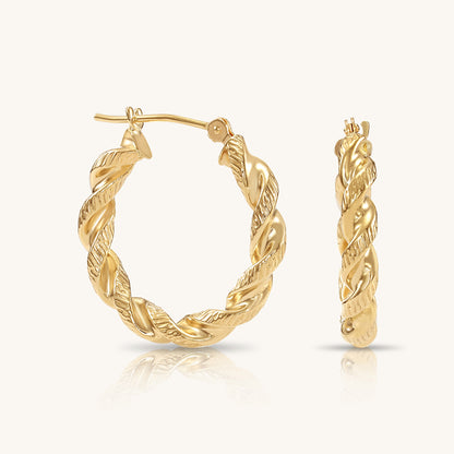 14K Gold Thick Twist Hoops with Hand Engraved Design