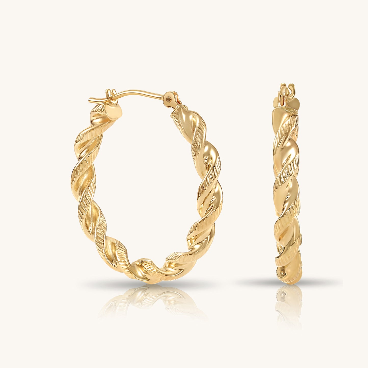 14K Gold Thick Twist Hoops with Hand Engraved Design