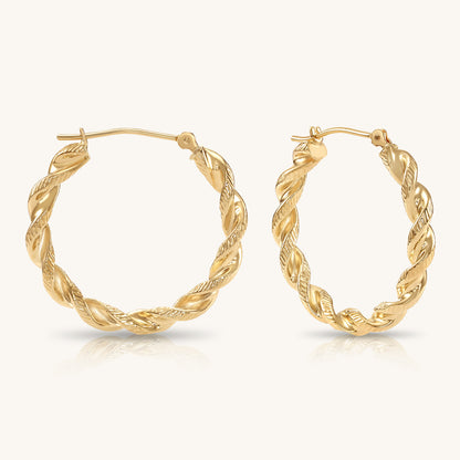 14K Gold Thick Twist Hoops with Hand Engraved Design