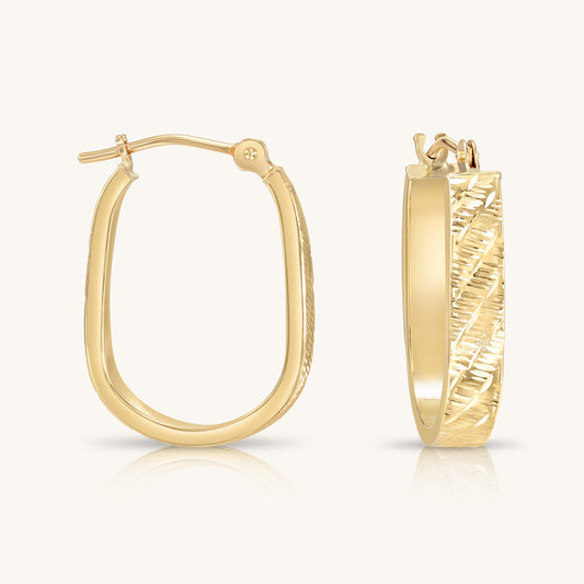 14K Gold Square 'U' Hoops with Hand Engraved Design