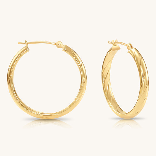 14K Gold Spiral Hoops with Unique Diamond-Cut Design