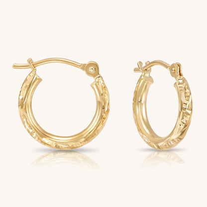 14K Gold Hoops with Hand Engraved Diamond-Cut