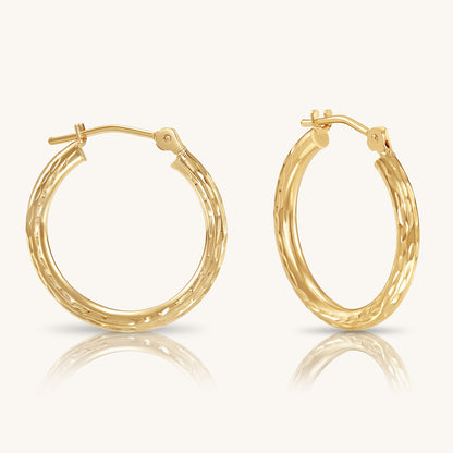 14K Gold Hoops with Hand Engraved Diamond-Cut