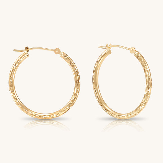 14K Gold Hoops with Hand Engraved Diamond-Cut