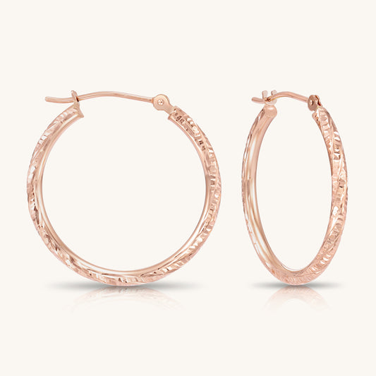 14K Gold Hoops with Hand Engraved Diamond-Cut