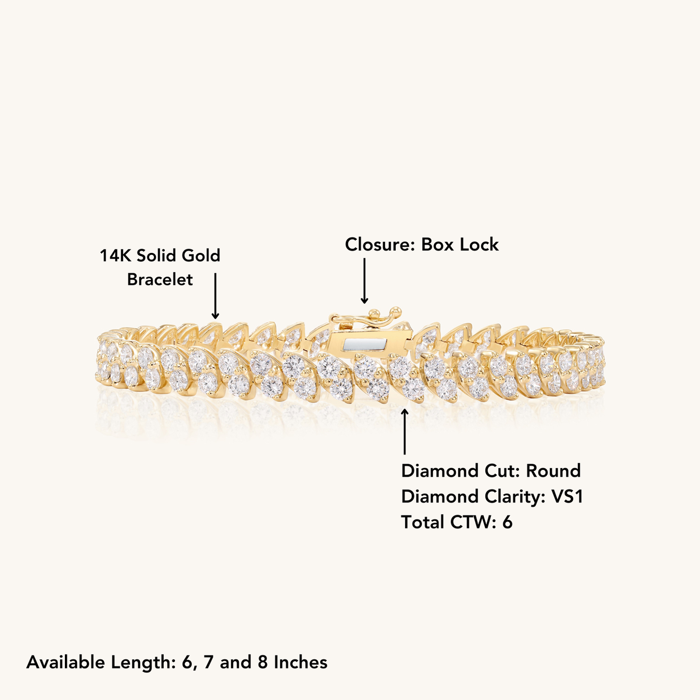 14K Solid Yellow Gold Diamonds Tennis Bracelet With Marquise Set Up