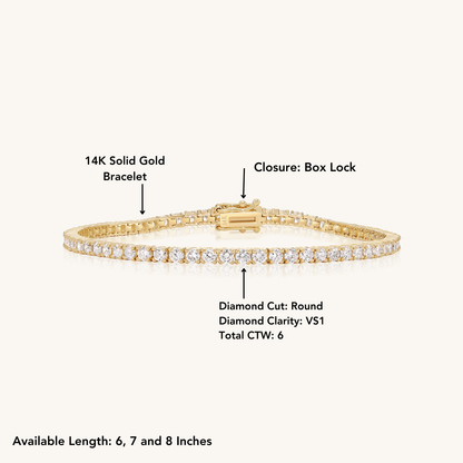 14K Solid Yellow Gold and Diamond Tennis Bracelet