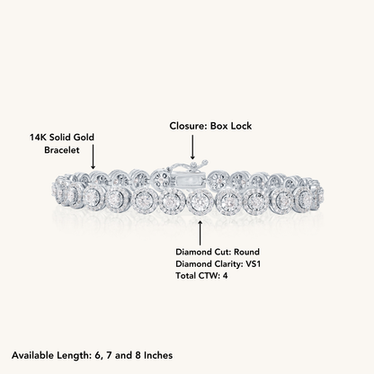 14K Solid White Gold Halo Diamond Bracelet