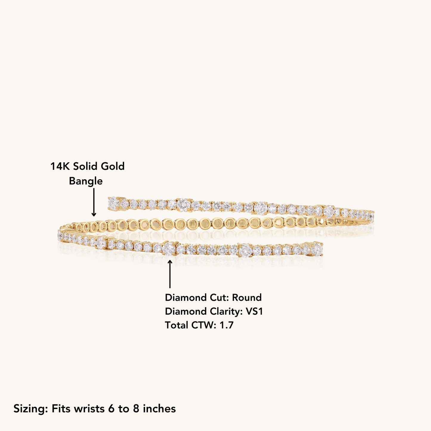 14K Solid Yellow Gold With Half-way Diamond Bangle