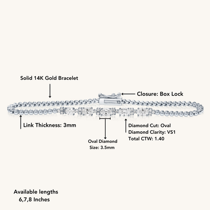 14k Solid White Gold Bracelet With Oval-Cut Diamonds