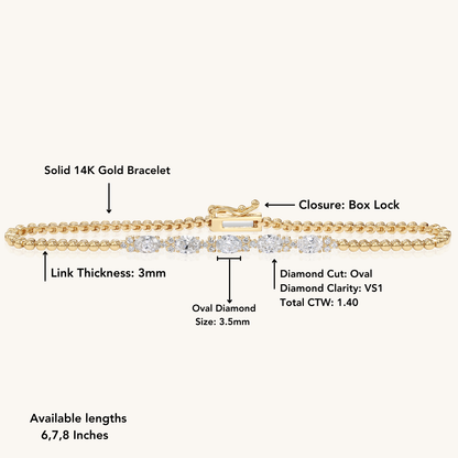 14k Solid Gold Bracelet With Oval-Cut Diamonds