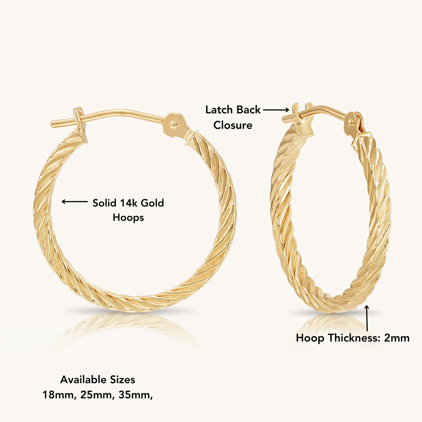 14K Gold Square Twist Hoops with Hand Engraved Diamond-Cut