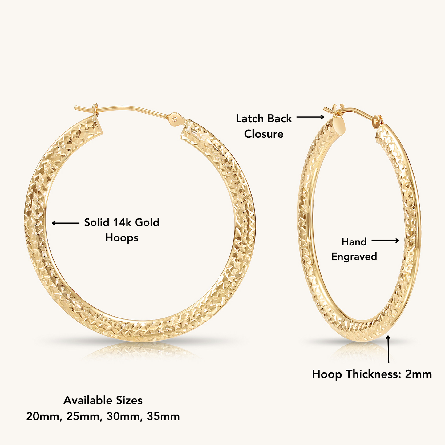 14K Gold Flat Hoop with Diamond-Cut with Hand Engraving