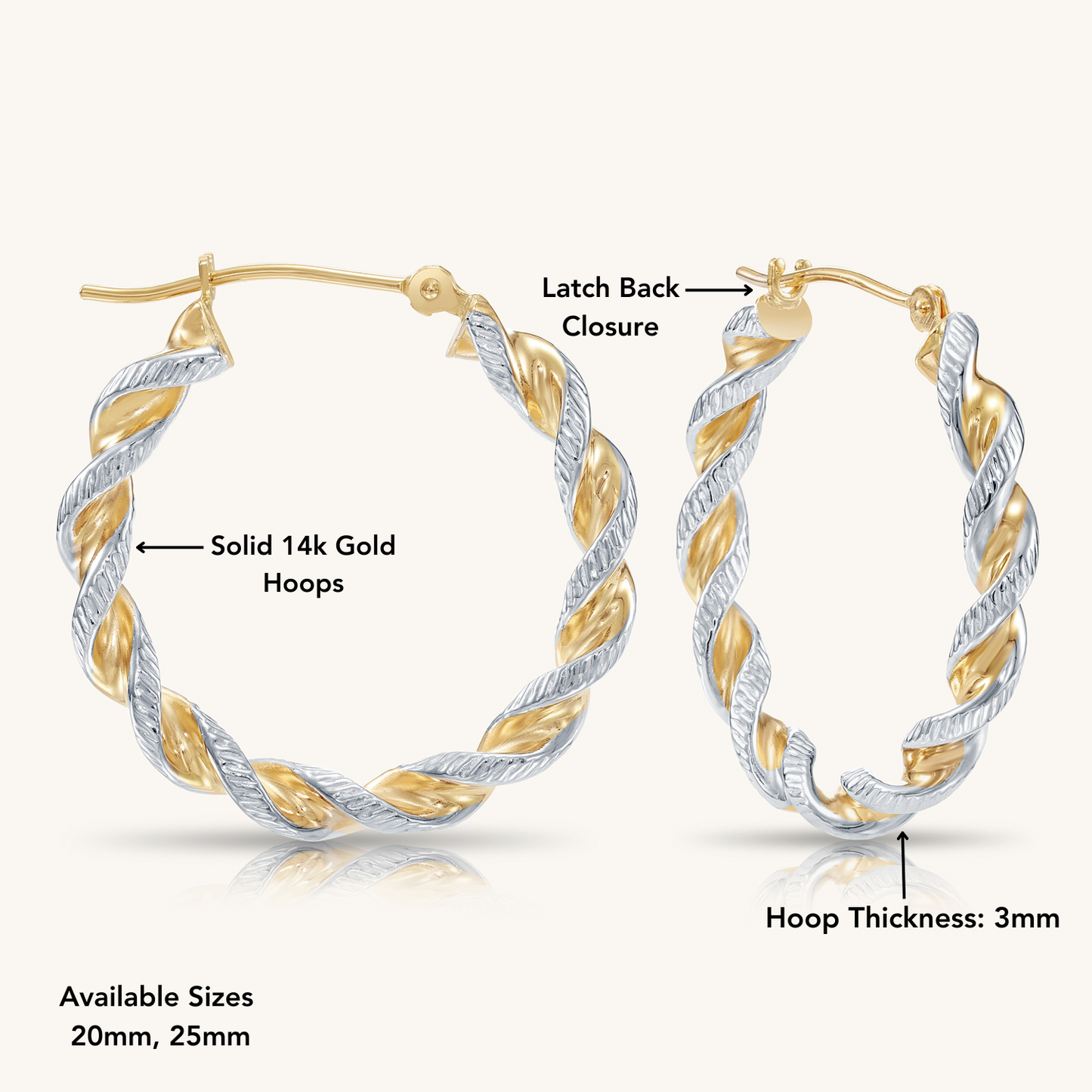 14K Gold Thick Twist Hoops With Hand Engraved Design