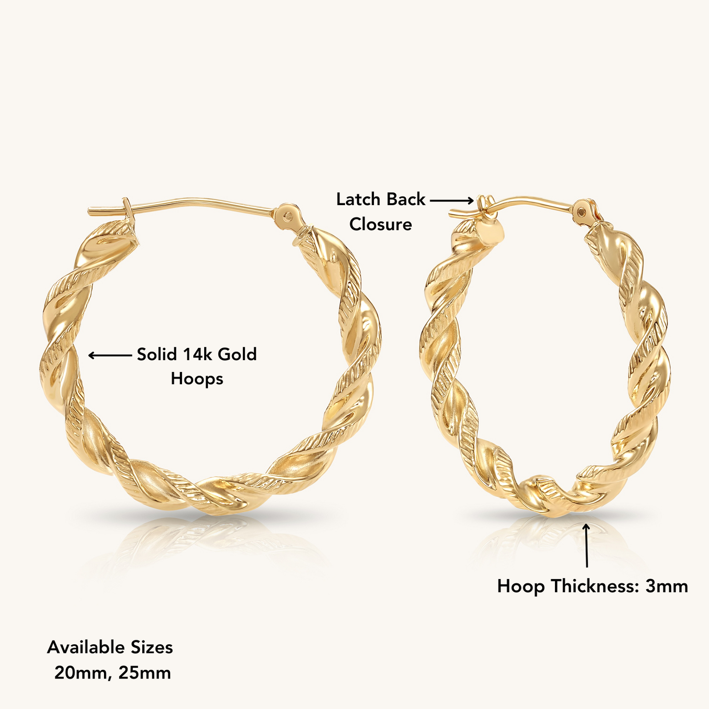 14K Gold Thick Twist Hoops with Hand Engraved Design