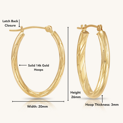 14K Gold Oval Twist Hoops with Hand Engraved Diamond-Cut