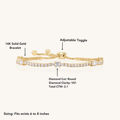 14K Solid Gold and Diamonds Tennis Bracelet With Adjustable Tassel