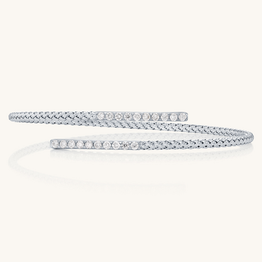 14K Solid White Gold Bangle With Diamonds