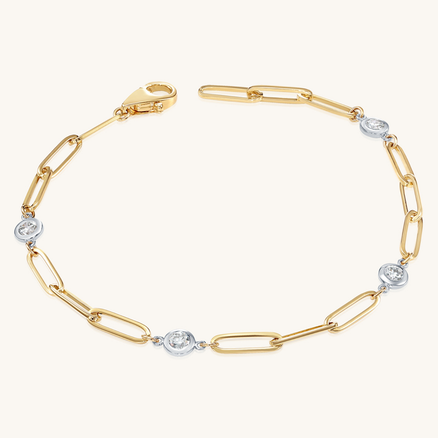 14K Solid Gold  Paper Clip Bracelet with Bezel Set Diamonds