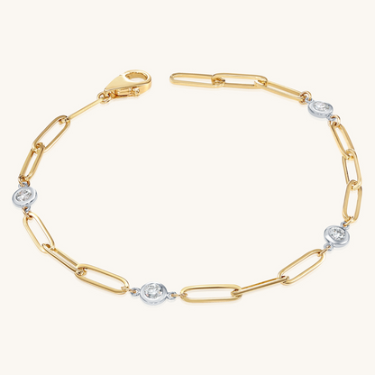 14K Solid Gold  Paper Clip Bracelet with Bezel Set Diamonds