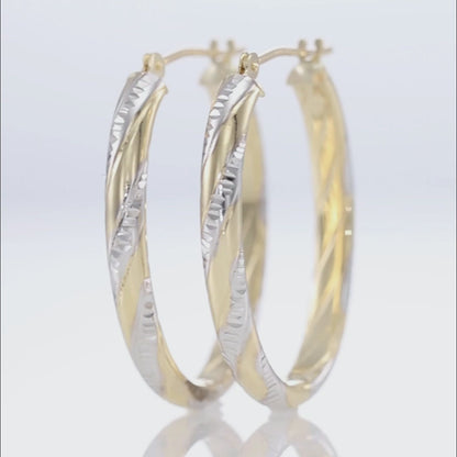 14K Gold Oval Twist Hoops with Hand Engraved Diamond-Cut