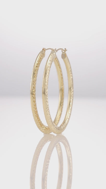 14K Gold Flat Hoop with Diamond-Cut with Hand Engraving