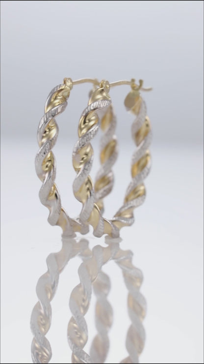 14K Gold Thick Twist Hoops With Hand Engraved Design