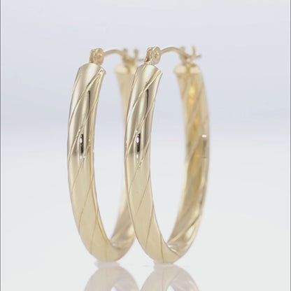 14K Gold Oval Twist Hoops with Hand Engraved Diamond-Cut