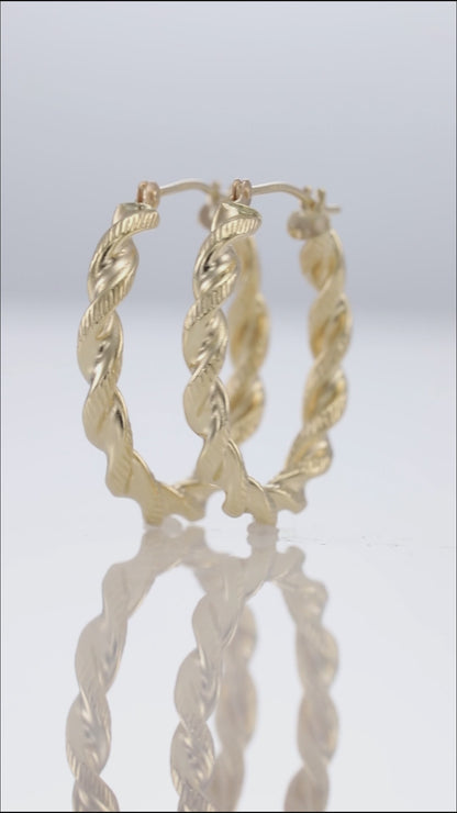 14K Gold Thick Twist Hoops with Hand Engraved Design